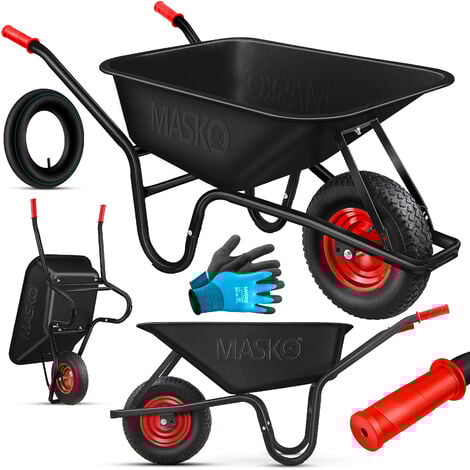 MASKO® Brouette de chantier Brouette de jardin 100 litres jusqu'à 250kg Pneus à air avec jante en acier galvanisé Cadre en acier Chariot de jardin Chariot de transport  Noir