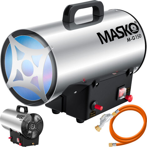MASKO® Calentador de gas asistido por ventilador Calentador de gas de pistola Calentador de gas de construcción Generador de aire caliente de gas incl. manguera de gas y regulador de presión  Plata / 