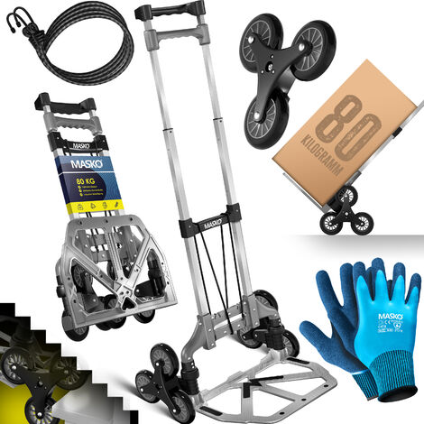 MASKO® Carretilla salvaescaleras Carretilla salvaescaleras Plegable 80 kg de capacidad de carga 3x3 Carretilla salvaescaleras incl. ruedas + 2 cuerdas de expansión + guantes - asa regulable en altura