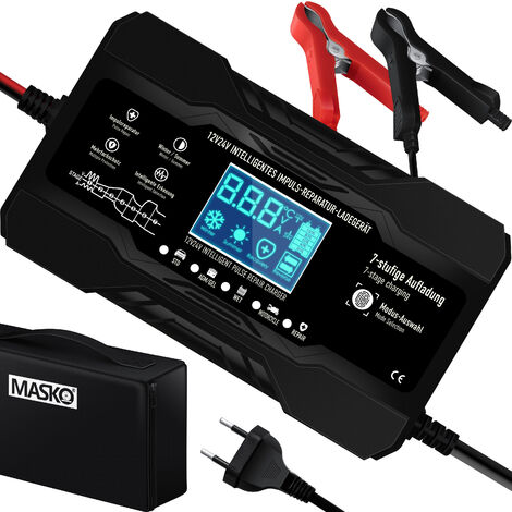 MASKO® Chargeur de batterie de voiture 12 V 2 à 15 Ah/24 V 2 à 100 Ah chargeur de batterie de voiture intelligent, camion voiture bateau moto écran LCD plomb acide gel batterie EFB AGM