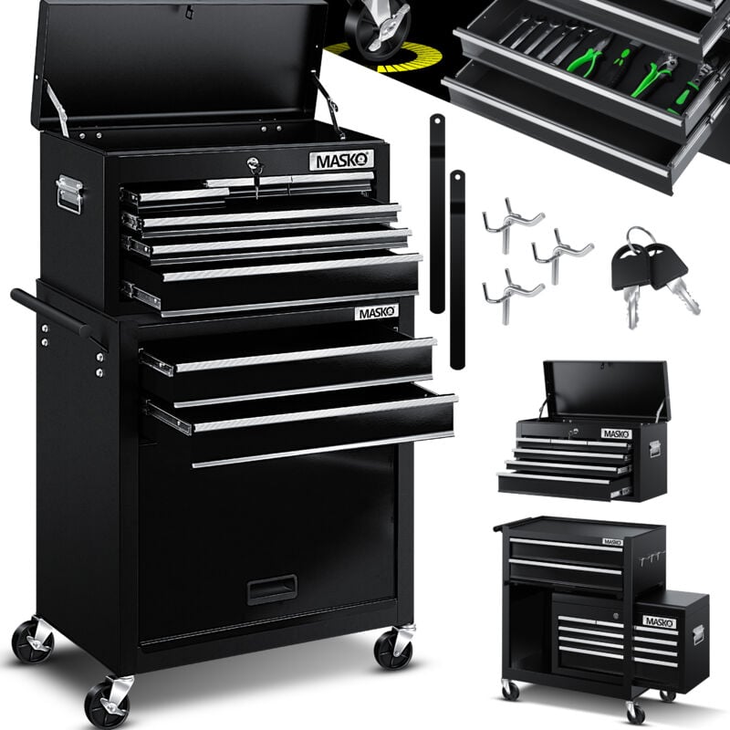 Masko - Chariot d'atelier y compris mallette, 9 Compartiments verrouillables, Sans outil, Chariot pour le rangement des outils avec serrure, Noir