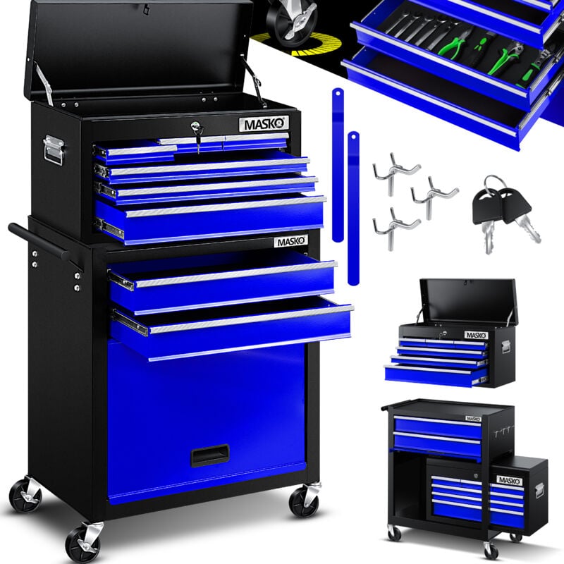 Masko - Chariot d'atelier y compris mallette, 9 Compartiments verrouillables, Sans outil, Chariot pour le rangement des outils avec serrure, Bleu