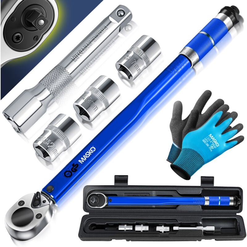 Clé dynamométrique 6 pcs. 40-210Nm 1/2 ' cv incl. 3 douilles 17mm 19mm 21mm et rallonge 125mm incl. coffret +/- 4% tolérance pneus Bleu - Masko