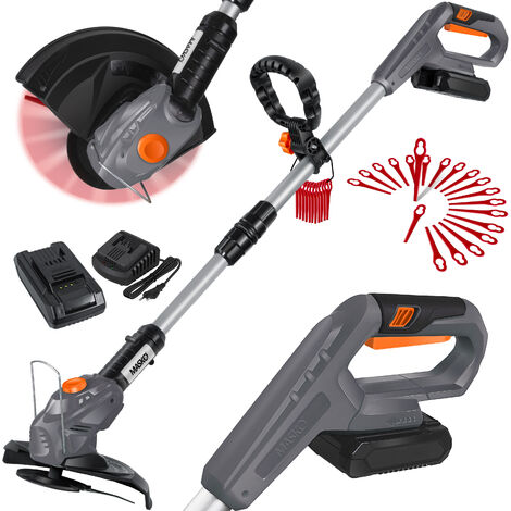 MASKO® Cortacésped sin cable con batería de litio de 20 V  2  0 Ah batería y cargador  26 cm círculo de corte  180° ángulo de corte  mango telescópico y mango adicional  gris