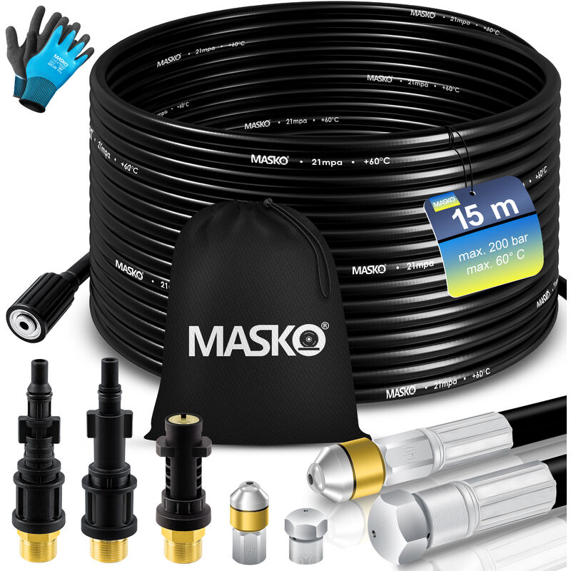 Masko - Premium Kit tuyau de nettoyage de canalisations 200 bar avec sacoche 3 adaptateurs 2 buses + rotation compatible avec Kärcher 15m / Noir