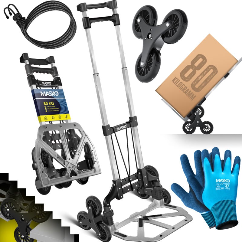 Masko - Diable à marches Diable à escaliers pliable 80 kg capacité de charge 3x3 monte-escaliers avec roues + 2 cordes expansées + gants - poignée