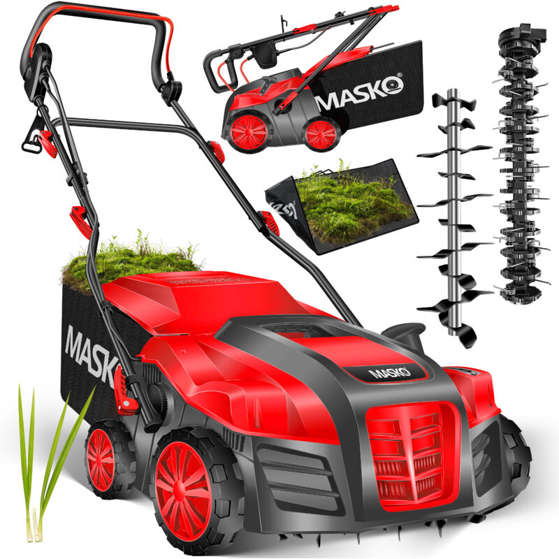 Masko® Elektro 2in1 Vertikutierer Rasenlüfter 1800 Watt 40cm Arbeitsbreite 55l Fangkorb Inkl. Lüfterwalze Lüfter Moosentferner Rot