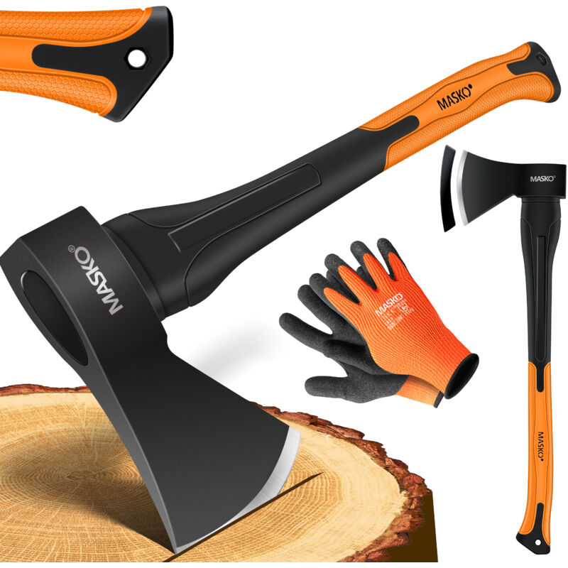 Kesser - masko® Hache à fendre, manche fiberglas + gants, les outils parfaits pour le jardin et la forêt, Universel, Robuste, Noir-orange / 1000g