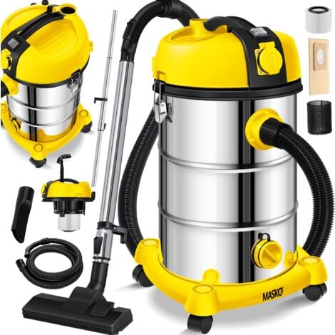 MASKO® Industriestaubsauger Staubsauger Nass Trocken Sauger Edelstahl 2300W + Steckdose  Blasfunktion  Trocken-Saugen & Nass-Saugen  Push&Clean   Gelb