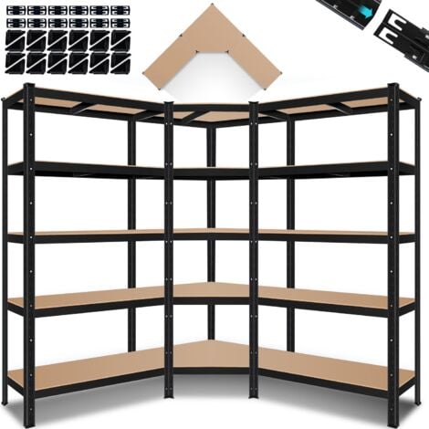 MASKO® Juego de 3 Estanterías metálicas, 1 Estante esquinero y 2 Estantes de almacenamiento, 15 Tableros MDF, capacidad de carga hasta 2625 kg, Negro