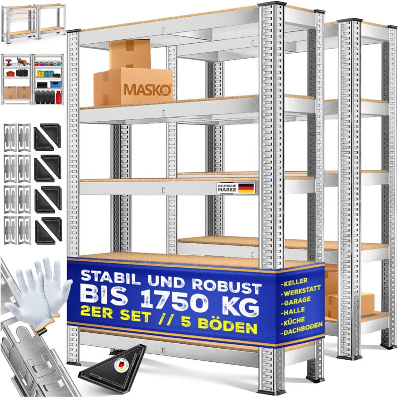 Masko - Jeu de 2 étagères de stockage, Charge max. 875 kg, 4 ou 5 étagères réglables, Plateaux en mdf, Étagère en métal, Argent-875kg / 2x