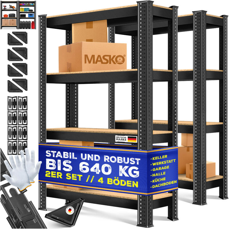 Masko - Jeu de 2 étagères de stockage, Charge max. 875 kg, 4 ou 5 étagères réglables, Plateaux en mdf, Étagère en métal, Noir-700kg / 2x 160x80x40cm