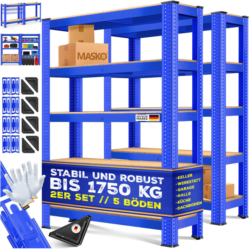 Masko - Jeu de 2 étagères de stockage, Charge max. 875 kg, 4 ou 5 étagères réglables, Plateaux en mdf, Étagère en métal, Bleu-875kg / 2x 180x90x40cm