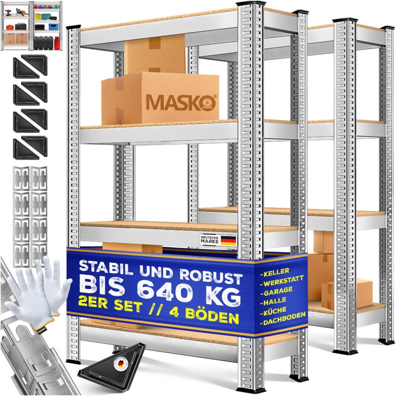 Masko - Jeu de 2 étagères de stockage, Charge max. 875 kg, 4 ou 5 étagères réglables, Plateaux en mdf, Étagère en métal, Argent-700kg / 2x