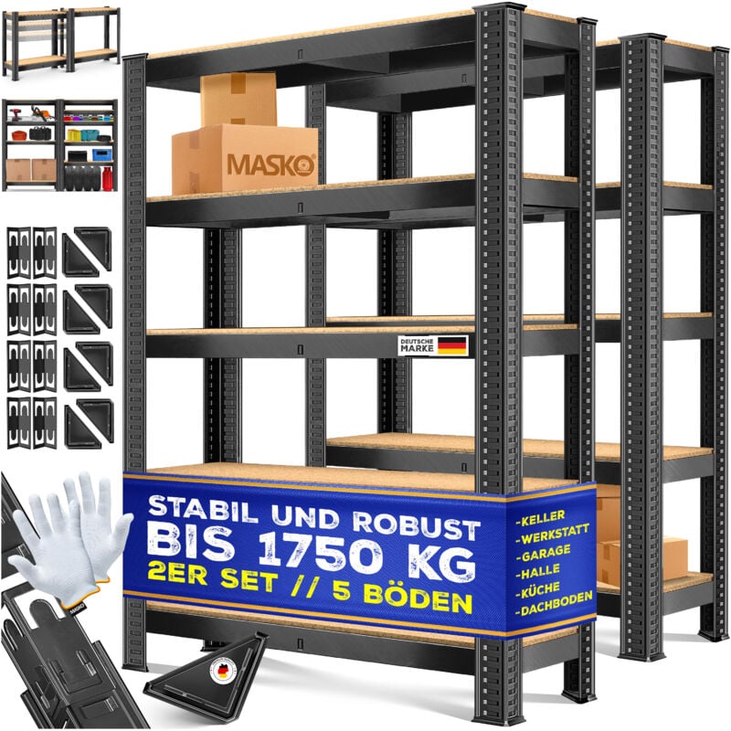 Jeu de 2 étagères de stockage, Charge max. 875 kg, 4 ou 5 étagères réglables, Plateaux en mdf, Étagère en métal, Noir-875kg / 2x 180x90x40cm 5