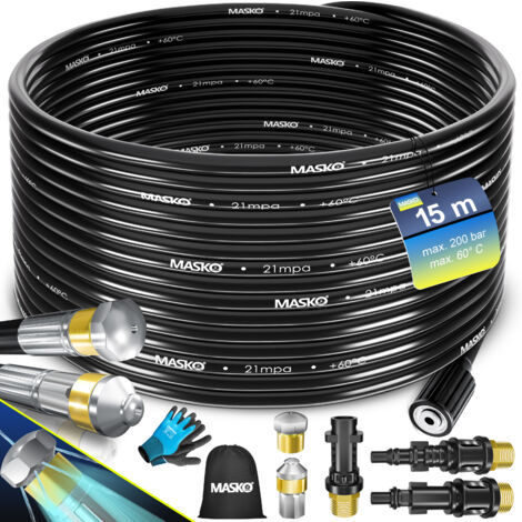 MASKO® Premium manguera de limpieza de tuberías 200 bar incl. bolsa 3 adaptadores 2 boquillas + giratorio compatible con Kärcher  15m / Negro - Premium