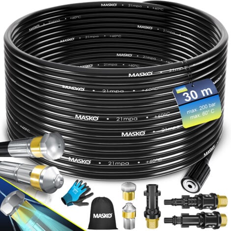 MASKO® Premium Tuyau de nettoyage de tuyaux Kit de nettoyage de canalisations 200 bar y compris sac 3 adaptateurs 2 buses + rotatif compatible avec Kärcher 30m / Noir - Premium