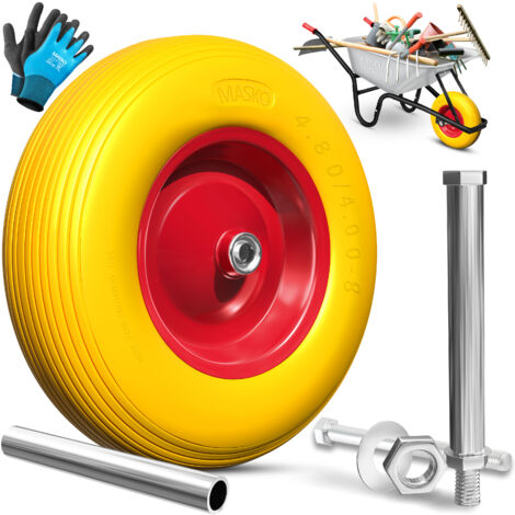 MASKO® PU Schubkarrenrad Vollgummi 200 kg pannensicher 4.80/4.00-8 Ø 390mm inkl. Achse Ersatzrad Gummirad Stahlfelge Reifen pannensicher für Schubkarre Gelb / Rot