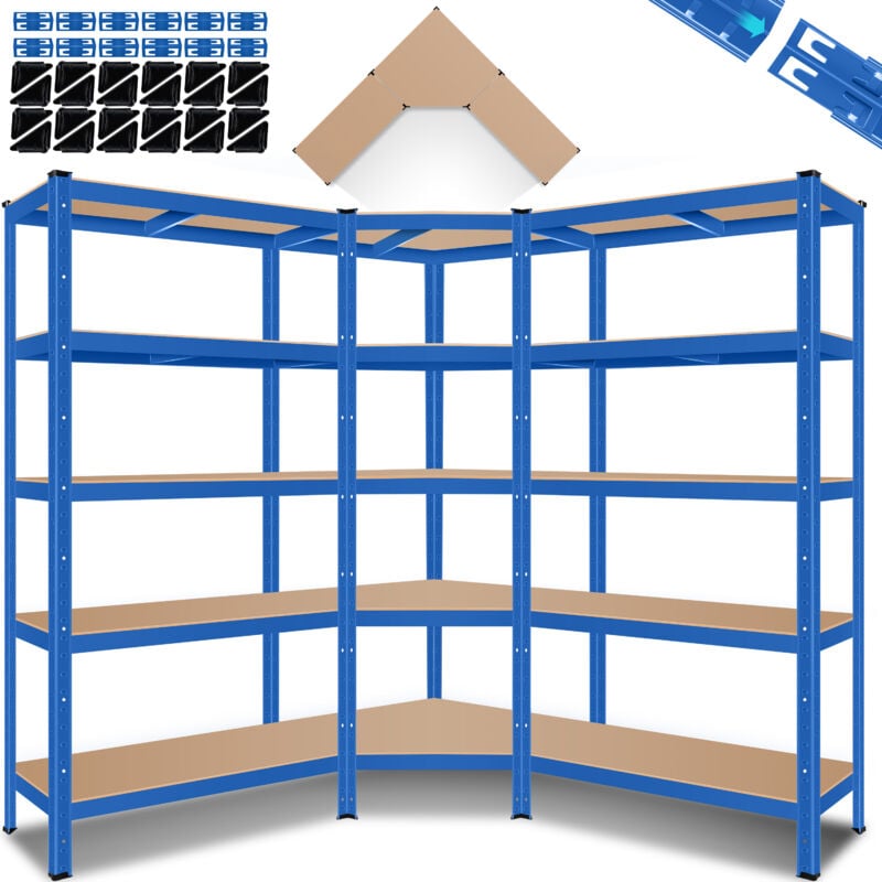 Masko - Set de 3 Etagères métalliques, Etagère de stockage, 1 Etagère d'angle & 2 Etagères de stockage, 15 Plaques mdf, maximale 2625 kg, Bleu