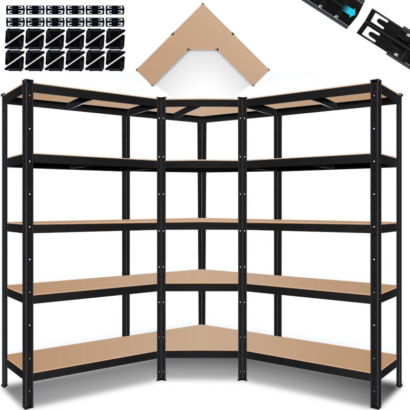 Set de 3 Etagères métalliques, Etagère de stockage, 1 Etagère d'angle & 2 Etagères de stockage, 15 Plaques mdf, maximale 2625 kg, Noir - Masko