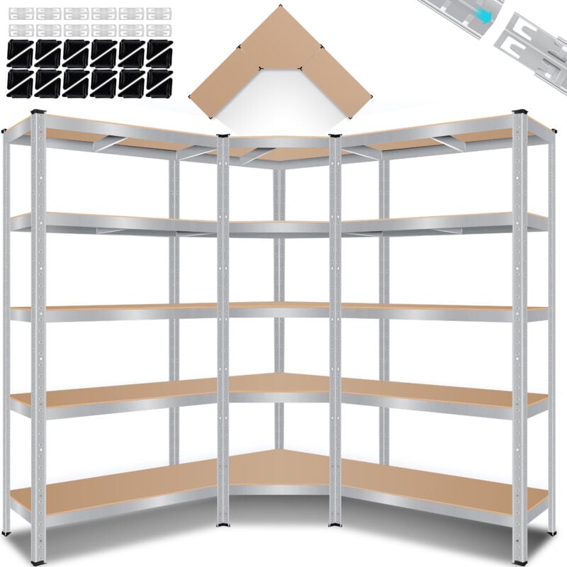 Masko - Set de 3 Etagères métalliques, Etagère de stockage, 1 Etagère d'angle & 2 Etagères de stockage, 15 Plaques mdf, maximale 2625 kg, Argent