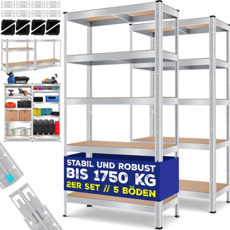 MASKO® Set di 2 scaffali , Portata fino a 875 kg, 4 o 5 ripiani regolabili, Pannelli in MDF, Scaffali in metallo, Argento-875kg / 2x 180x90x40cm 5 ripiani