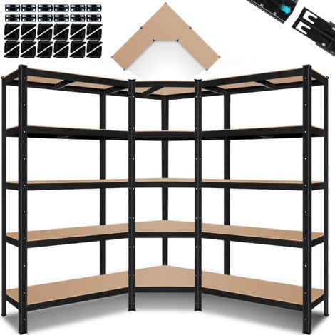 MASKO® Set di 3 Scaffalature metalliche , 1 Ripiano angolare e 2 Ripiani portaoggetti, 15 Ripiani in MDF, portata fino a 2625 kg, Nero