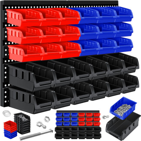 Masko® Stapelboxen Wandregal 32tlg Box Sichtlagerkästen Schüttenregal Steckregal   Schwarz/Blau/Rot