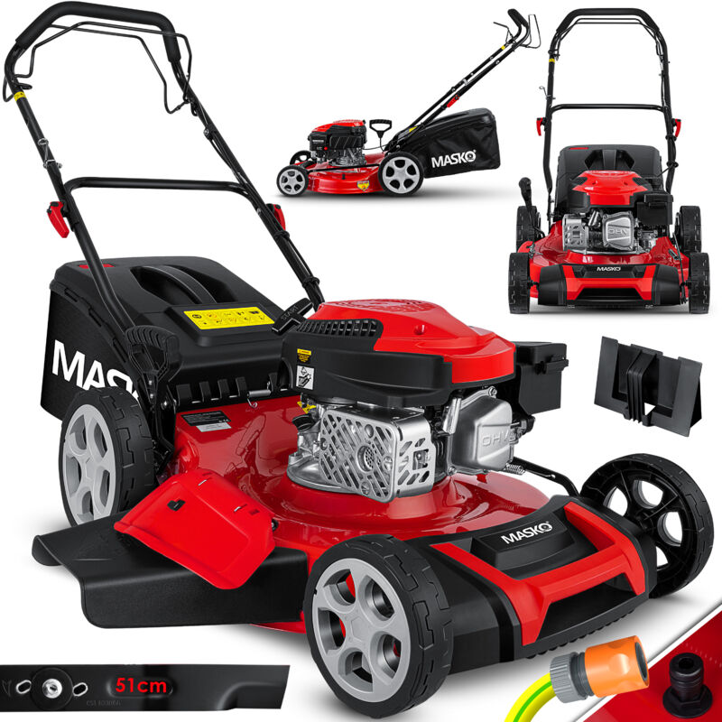 Masko - 5en1 Tondeuse à essence avec traction arrière, fonction mulching, Easy Clean, hauteur de coupe réglable sur 8 niveaux, largeur de coupe 51cm