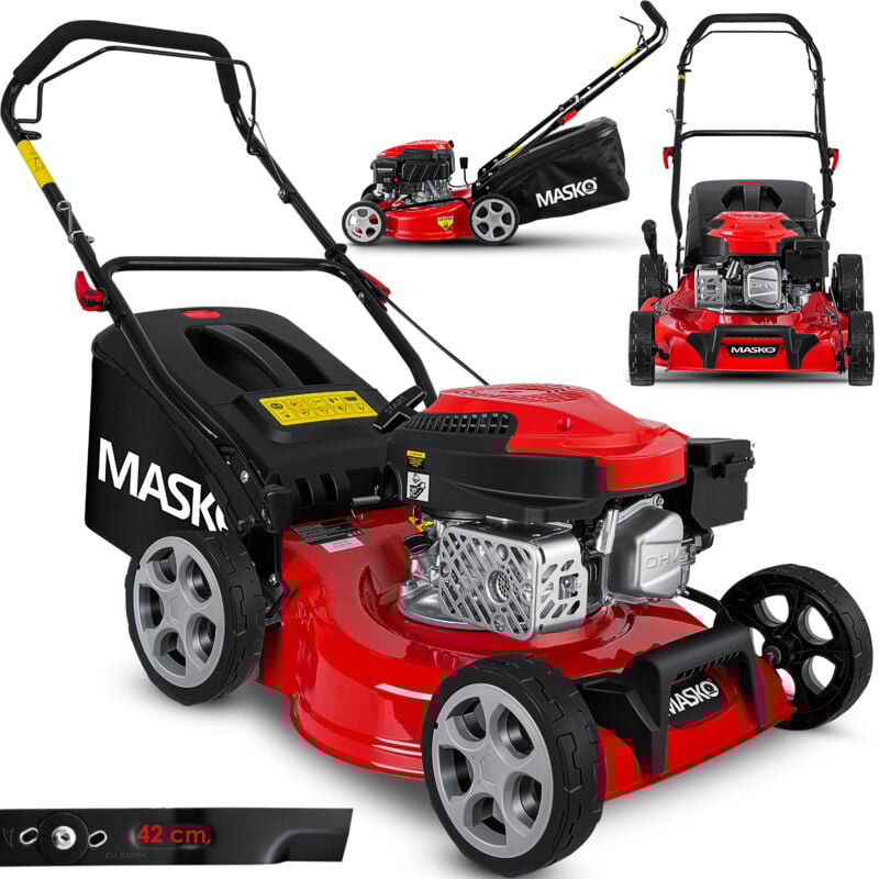 3en1 Tondeuse à gazon à essence avec poignée frontale, indicateur de niveau d'huile, hauteur de coupe réglable sur 7 niveaux, largeur de coupe 42 cm