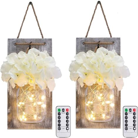 Mason Jar Wall Lights with Remote Control, Rustic Bedroom Wall Decor, Battery Operated Hanging Wall Sconce with LED String Lights for Farmhouse Decor, SYA11 (Set of 2)