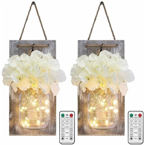 Mason Jar Wall Sconces with Remote, Rustic Bedroom Wall Decor Timer Artificial Flowers Battery Operated Hanging Lights with LED Strip for Farmhouse Decor (Set of 2)