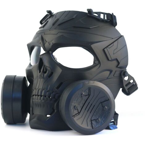 Masque à gaz factice Tactique Complet Masque crâne CS avec Double Ventilateur Turbo pour Cosplay Halloween wargame Mascarade，Verres transparents