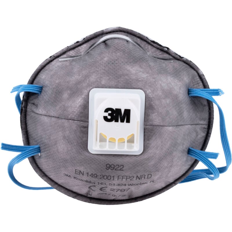 3M - Masque coque FFP2, avec soupape série 9900 Spécifique odeur gênante, avec clip nasal réglable ( Prix pour Boîte de 10 )