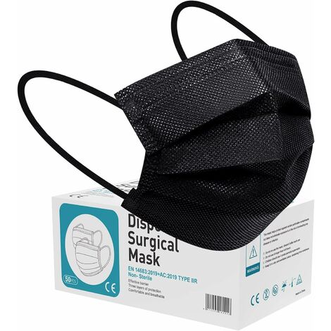 Masque Couleur Jetable Adulte, 50 pièces Type II R Certifié CE Masques Noir/Rose/Violet/Balle/Noël Imprimé Filtrant À 95%, 3 Couches de Protection Respirant, Confortable et élastiques