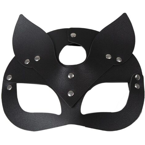 Masque de chat Halloween femme, cuir écologique, 16,5 x 20 cm, noir