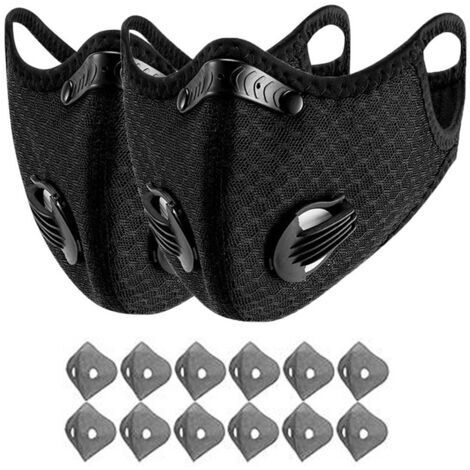 Masque de cyclisme réutilisable avec filtre à charbon actif, noir(2 masques faciaux + 12 cartouches filtrantes)
