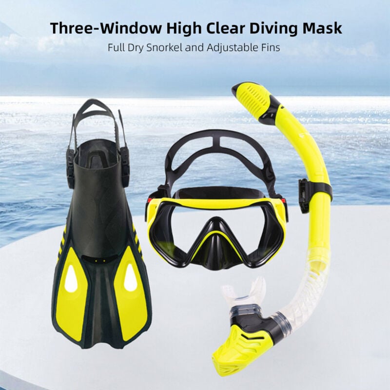 Masque de Plongée à Trois Fenêtres - Hautement Transparent, avec Tuba Sec Complet et Palmes Réglables, Équipement de Plongée pour Hommes et Femmes