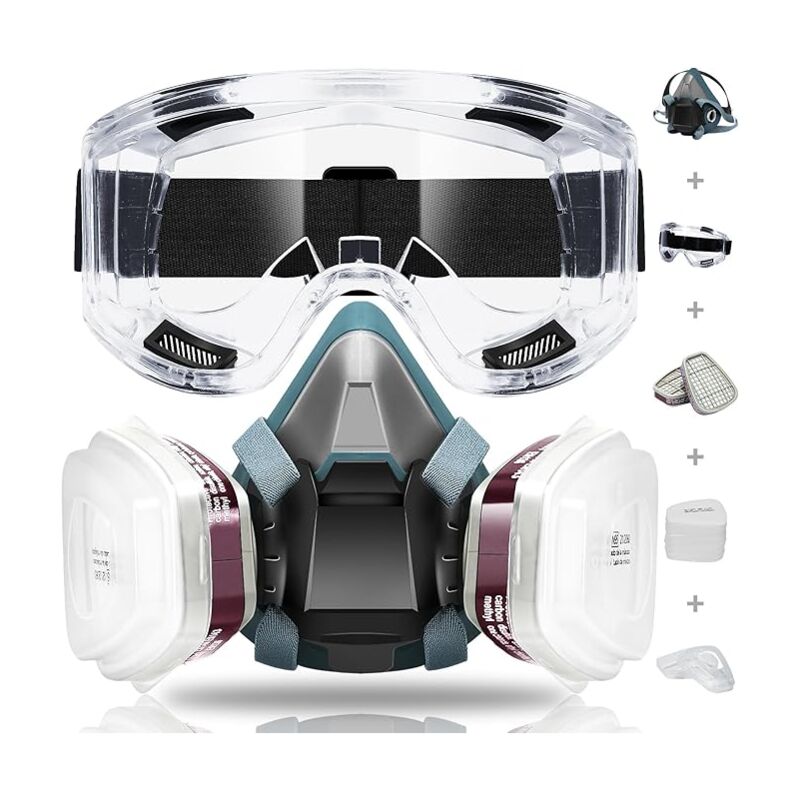 Masque de Protection Kit de Demi-Masque Série 6200 Masque a Gaz Respiratoire Respiratoire Réutilisable avec Filtres et Lunettes Protection pour