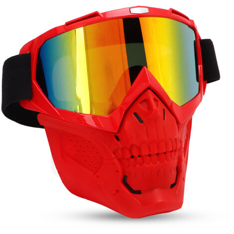 Masque de protection moto crâne avec lunettes intégrées, coupe-vent pour VTT et cyclisme, monture rouge et verres rouges.
