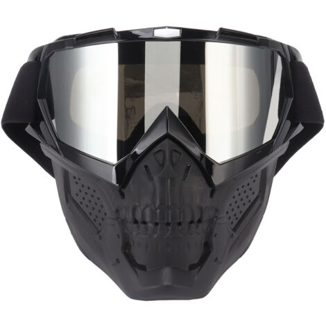 Masque de protection moto démontable avec lunettes intégrées, ajustable pour VTT et randonnée, cadre noir et verres argentés.