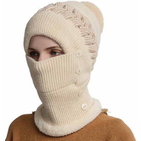 Masque écharpe bonnet une pièce pour femme Bonnet chaud en tricot d'hiver Bonnet de ski épais (couleur crème)