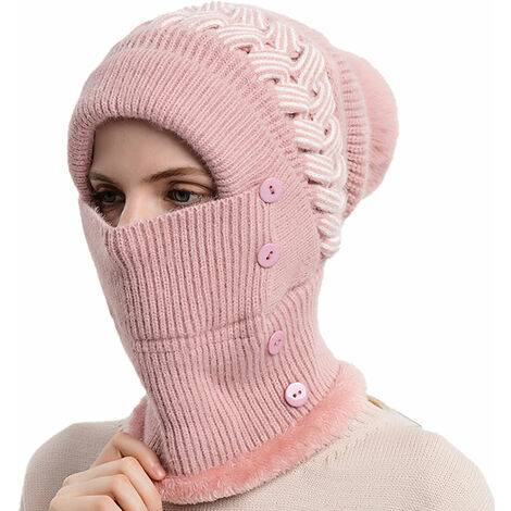 Masque écharpe bonnet une pièce pour femme Bonnet chaud en tricot d'hiver Bonnet de ski épais (rose)