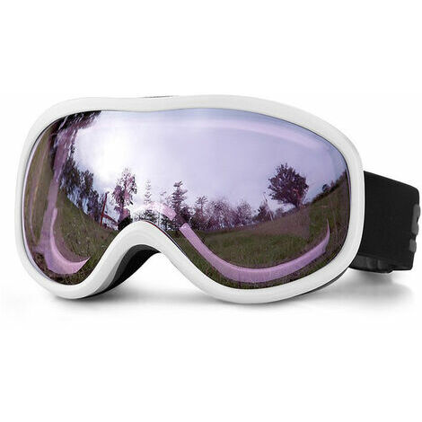 Masque et Lunettes de Ski Moto Skateboard Homme Femme Lentille Sphérique Anti-buée(monture blanche + lentille réfléchissante violette)