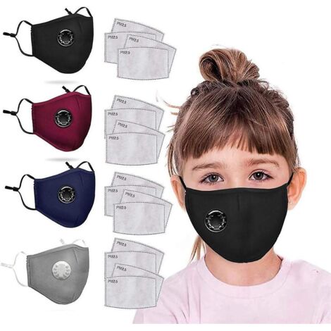 Masque facial lavable en coton pour enfants (lot de 4) avec valves et 16 filtres à charbon actif inclus, idéal pour les sports de plein air, le cyclisme et la course à pied.