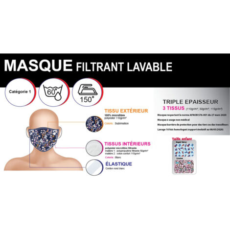 Masque filtrant en tissus modèle Licornes multicolores pour enfant jusqu'à 7ans - 50 lavages - origine Europe