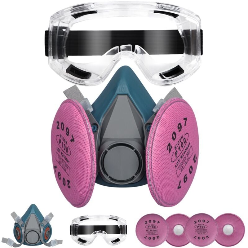Masque respiratoire demi-visage réutilisable avec 4 filtres 2097 et lunettes de protection, pour la peinture, la poussière, le travail du bois et les