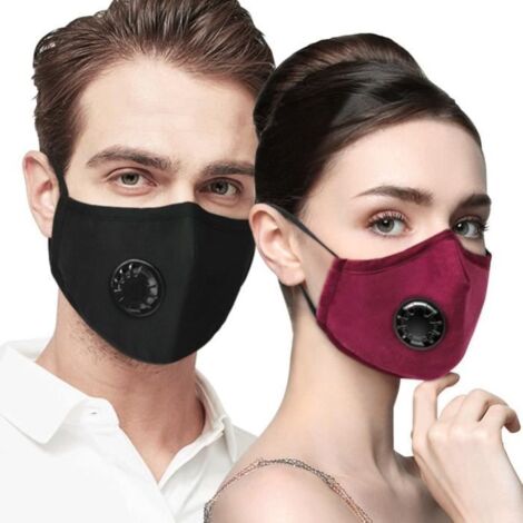 Masque réutilisable lavable anti-pollution de l\'air avec respirateur et 2 filtres, Avec masque à valve rond + 2 filtres Vin rouge