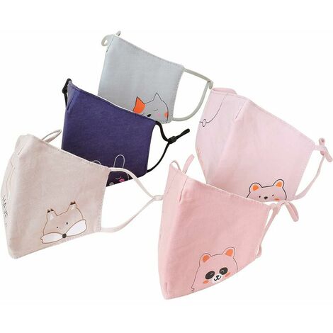 Masques pour Enfants 5 pièces, Masque Lavable Enfants, Couvrant la Bouche et Le Nez, Sangle Élastique Réglable，
