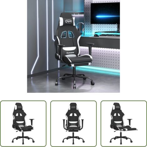 Massaggio -  Sedia da Gaming Massaggio e Poggiapiedi Tessuto Nero e Bianco